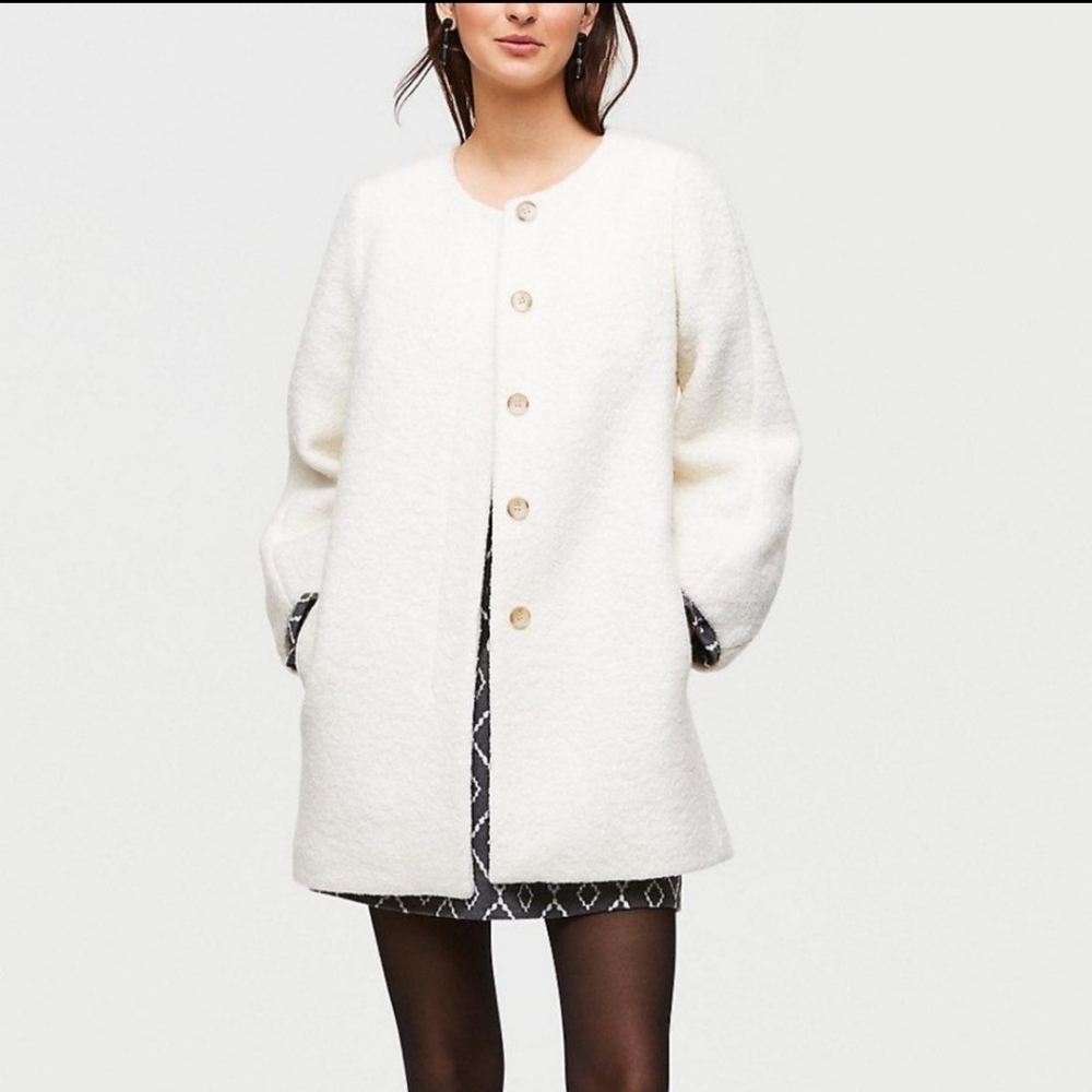 LOFT White Bouclé Collar-less Winter Coat